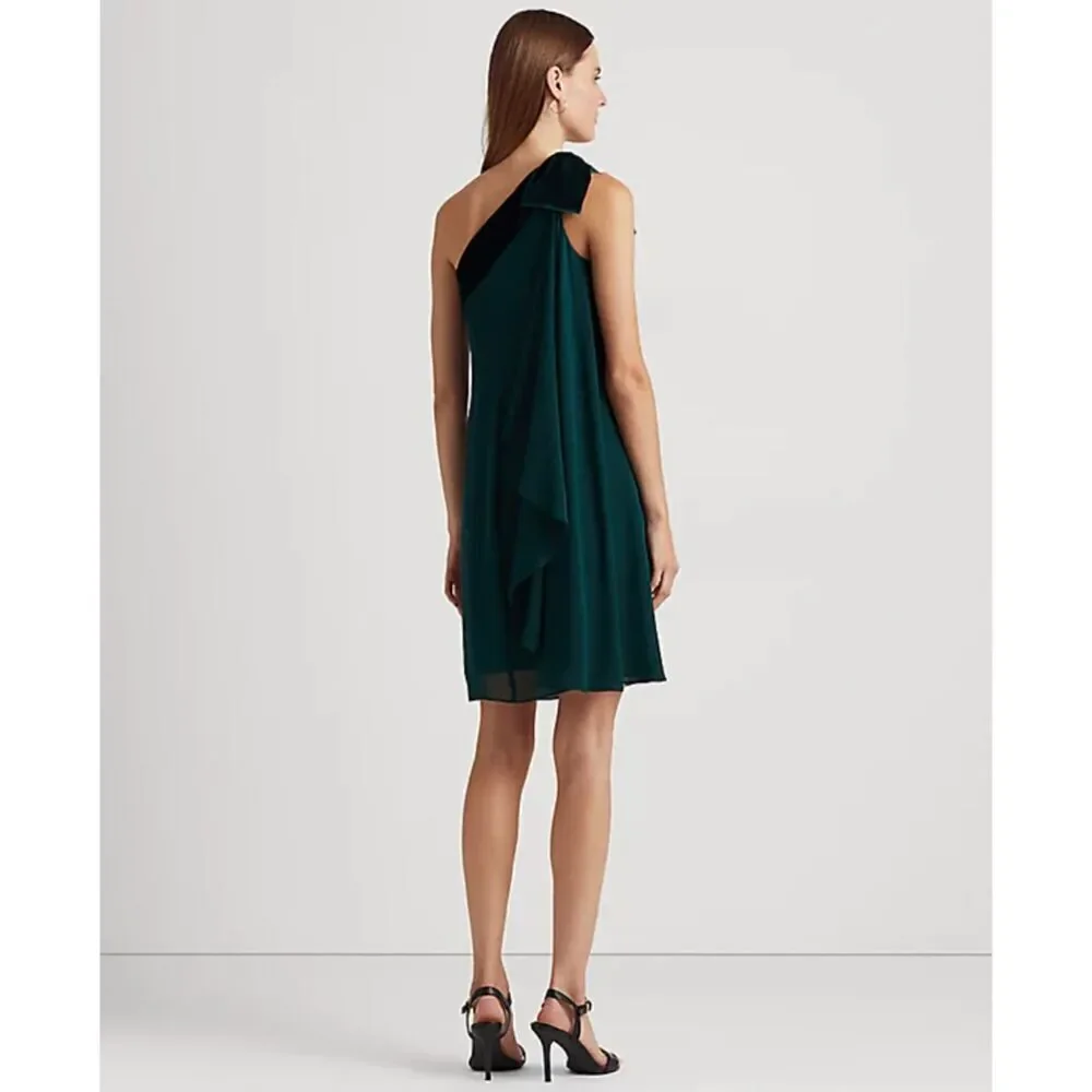 Ralph Lauren Womens Chiffon Velvet One-Shoulder Green Flowy Dress Size 8 - Picture 2 of 10